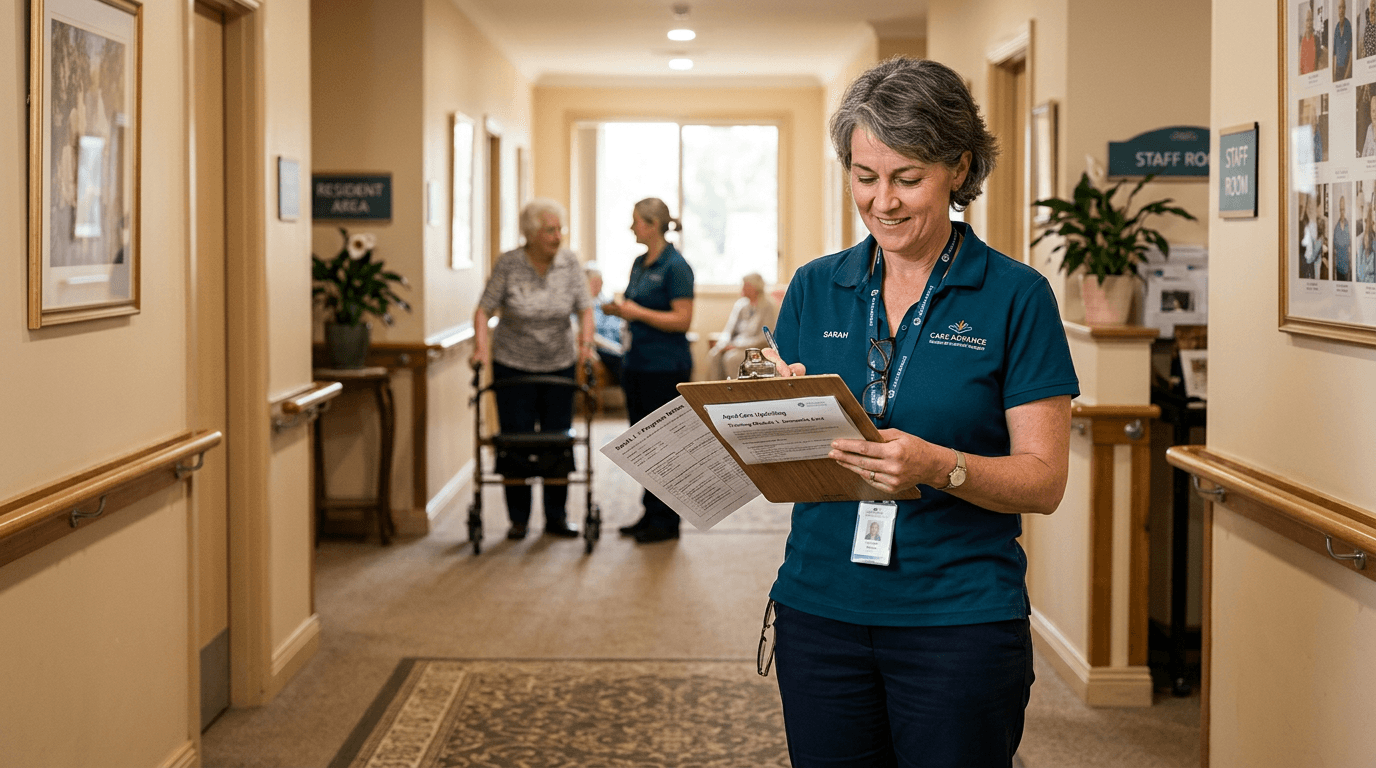 Experienced support worker reviewing documents in an aged care facility