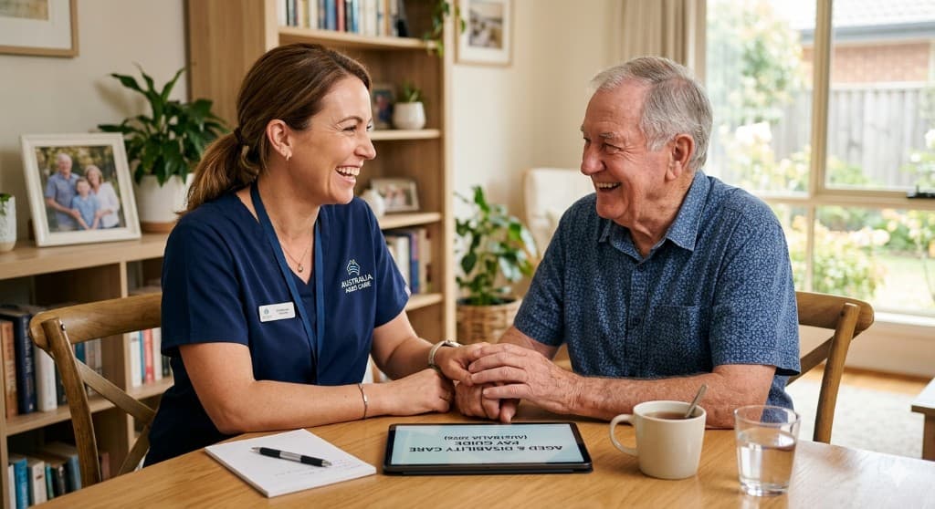 Care worker and elderly man sharing a warm moment at a kitchen table