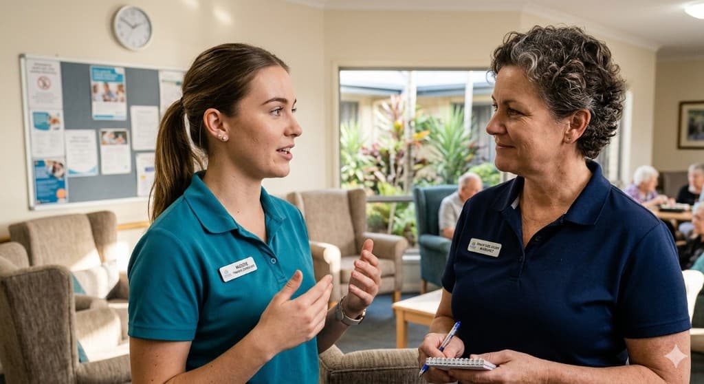 Two aged care workers having a conversation in a care facility