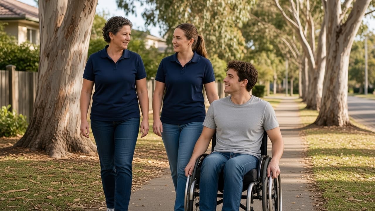 Support workers walking with a young man using a wheelchair on a suburban footpath