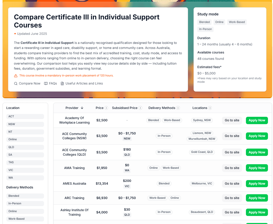 Coursely comparison table showing individual support courses for domestic students
