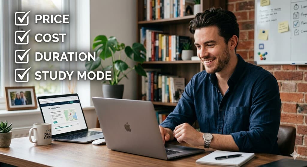 Person researching courses on a laptop with a checklist showing Price, Cost, Duration and Study Mode