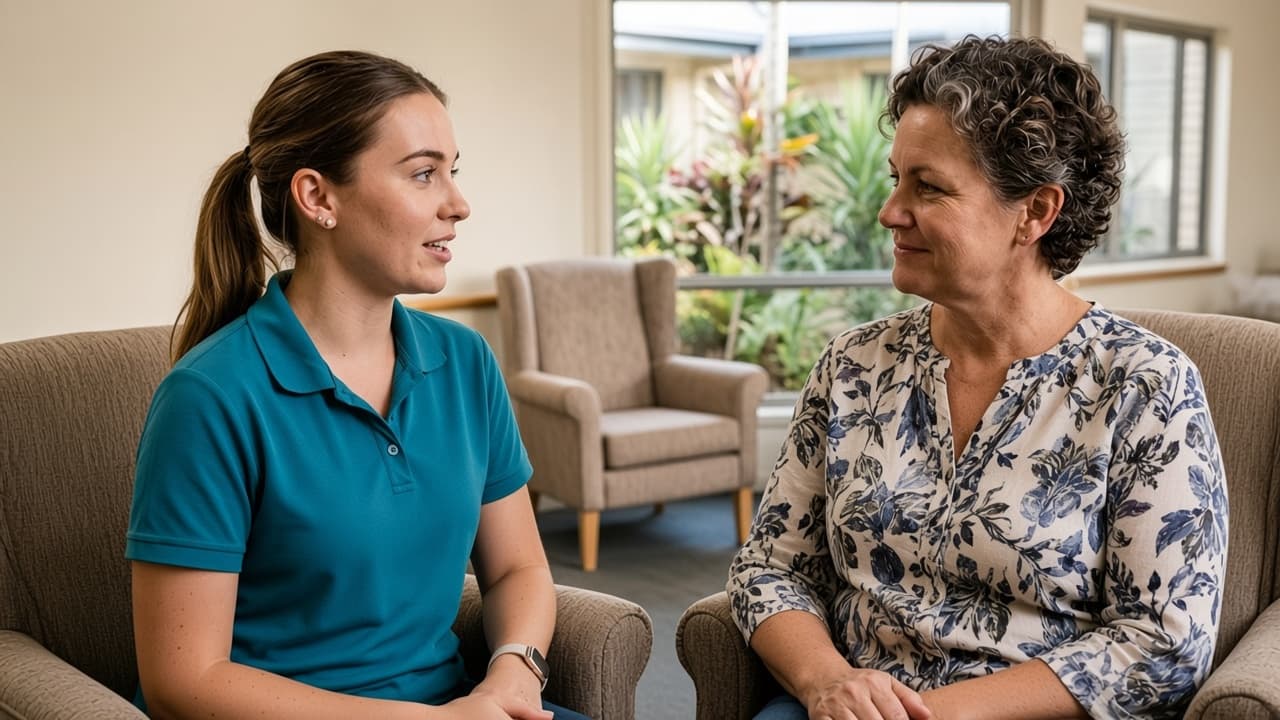 A support worker talking with an older woman in an aged care lounge