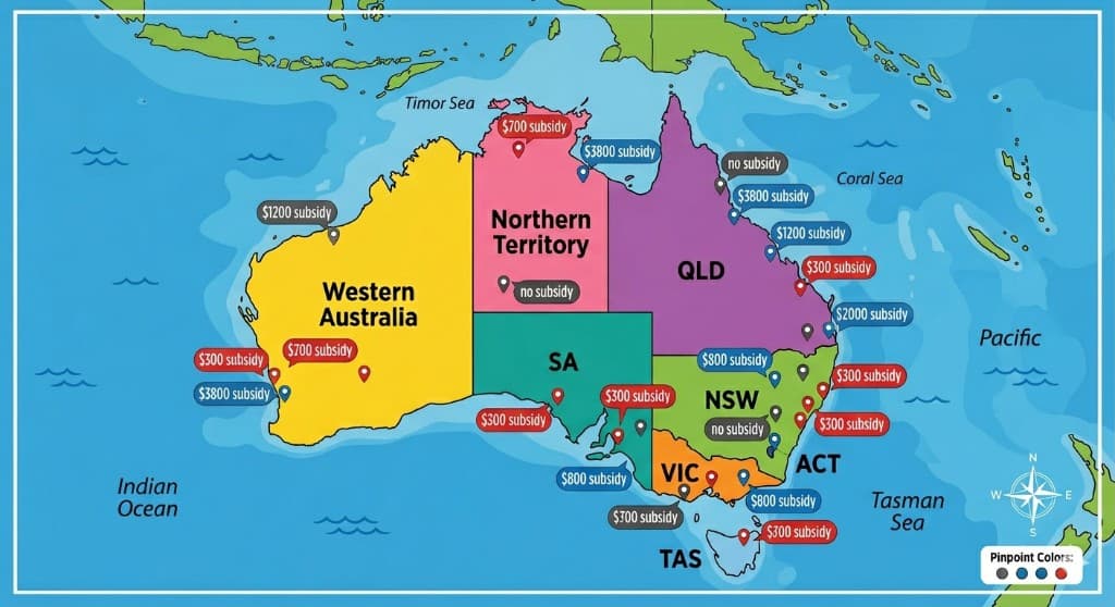 Map of Australia showing VET government subsidy amounts by state and territory
