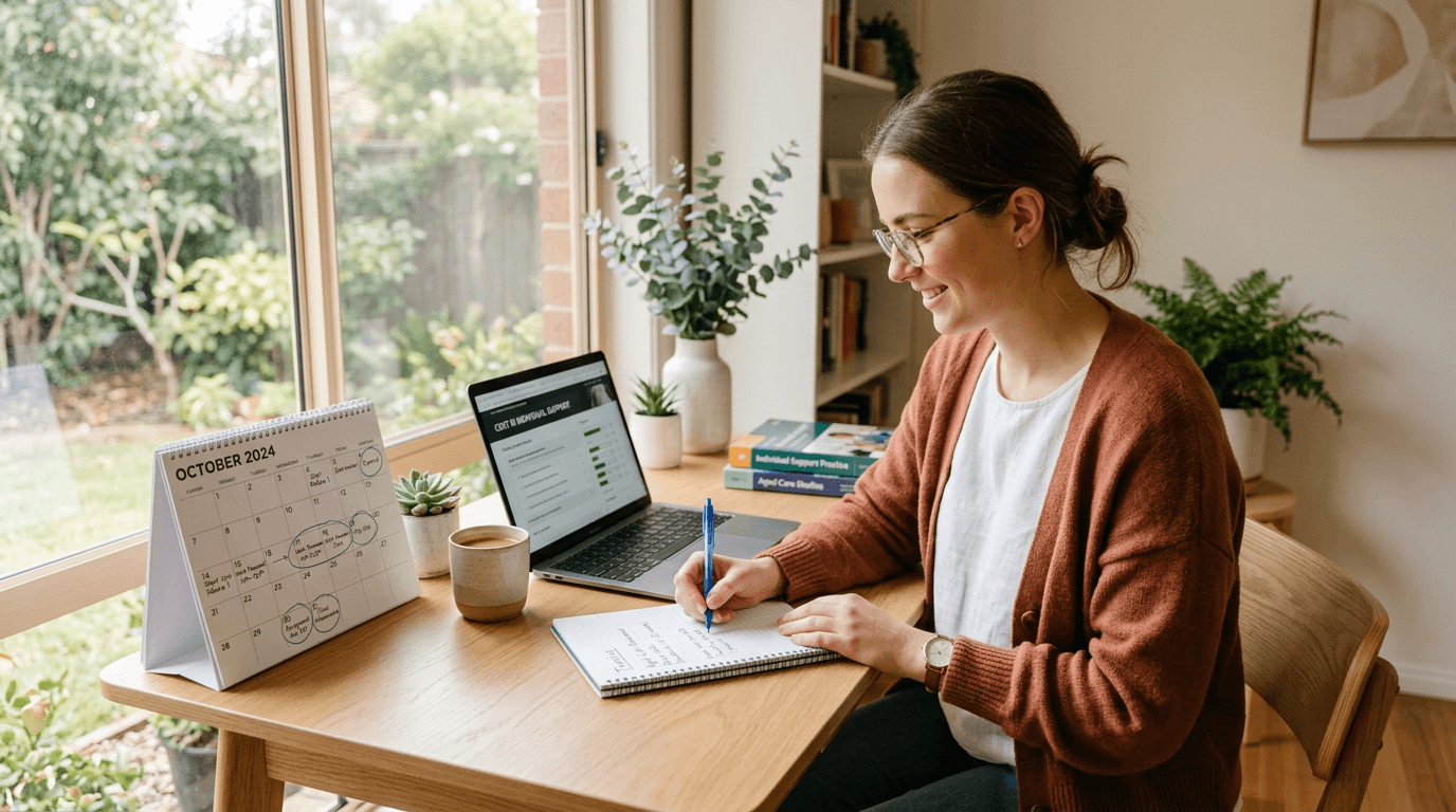 A student studying Certificate III in Individual Support at a home desk with a calendar and laptop