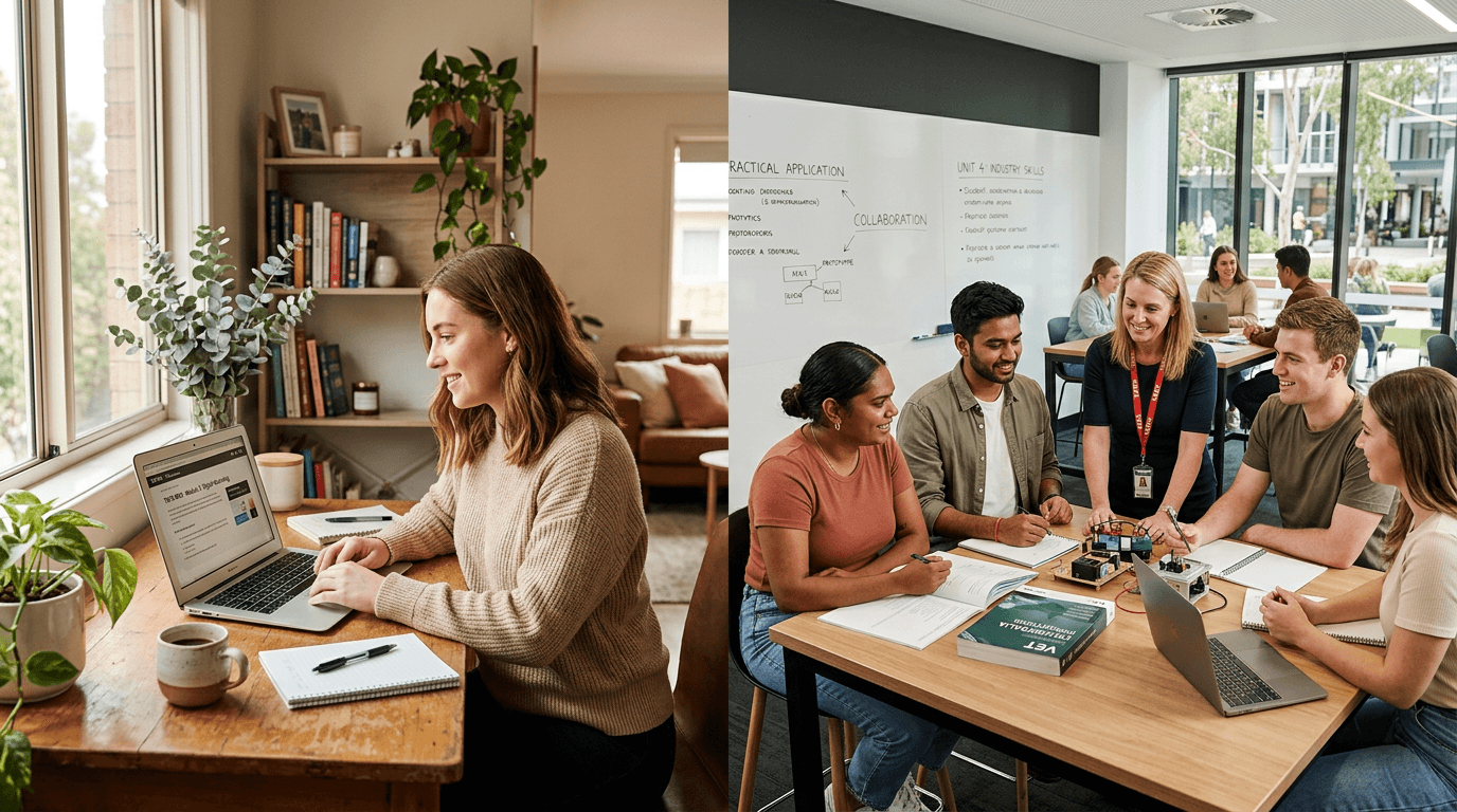 Split scene showing a student studying online at home on the left, and a small classroom group with a trainer on the right