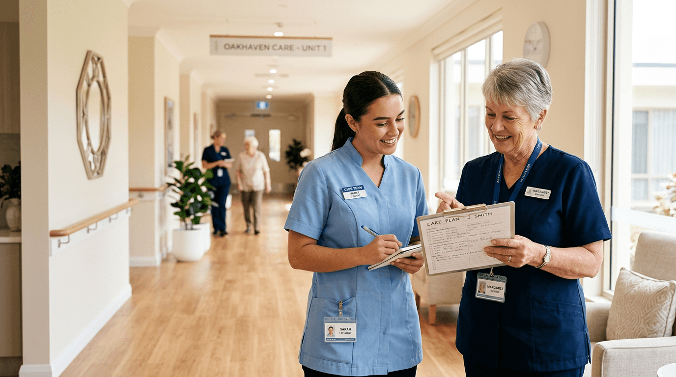 A student placement worker being mentored by an experienced aged care professional in a residential care facility